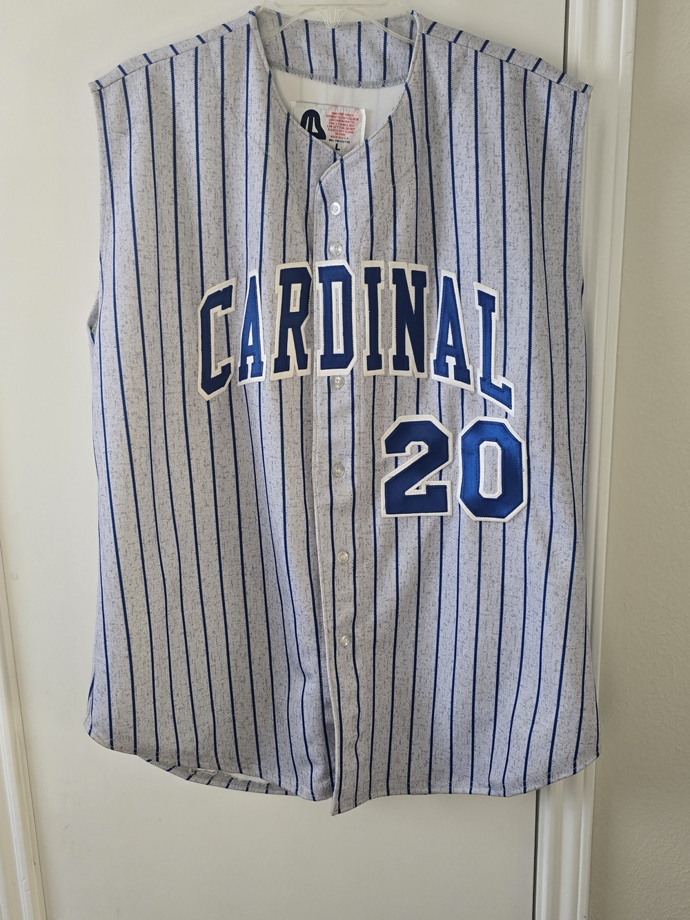 Sleeveless Pinstripe Baseball Jersey in White and Blue - CARDINAL 20